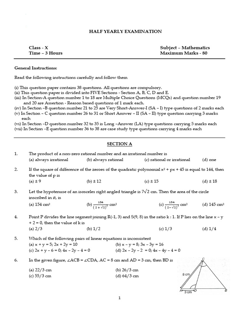 Download CBSE Class 10 Maths Half Yearly Question Paper 2024 25 PDF PDF