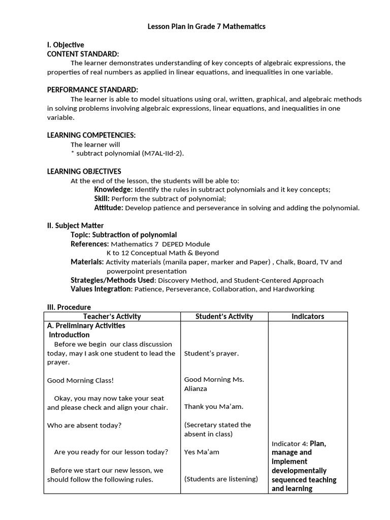 Lesson Plan in Grade 7 Mathematics 10_Subtraction polynomial | PDF