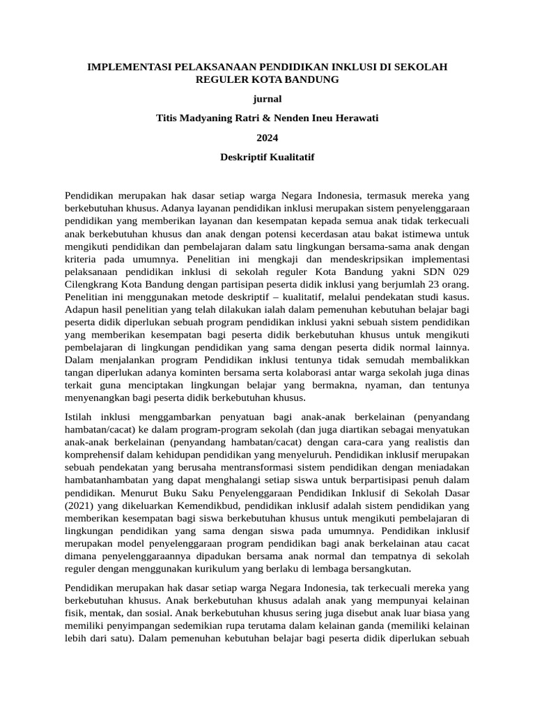 Implementasi Pelaksanaan Pendidikan Inklusi Di Sekolah Reguler Kota ...