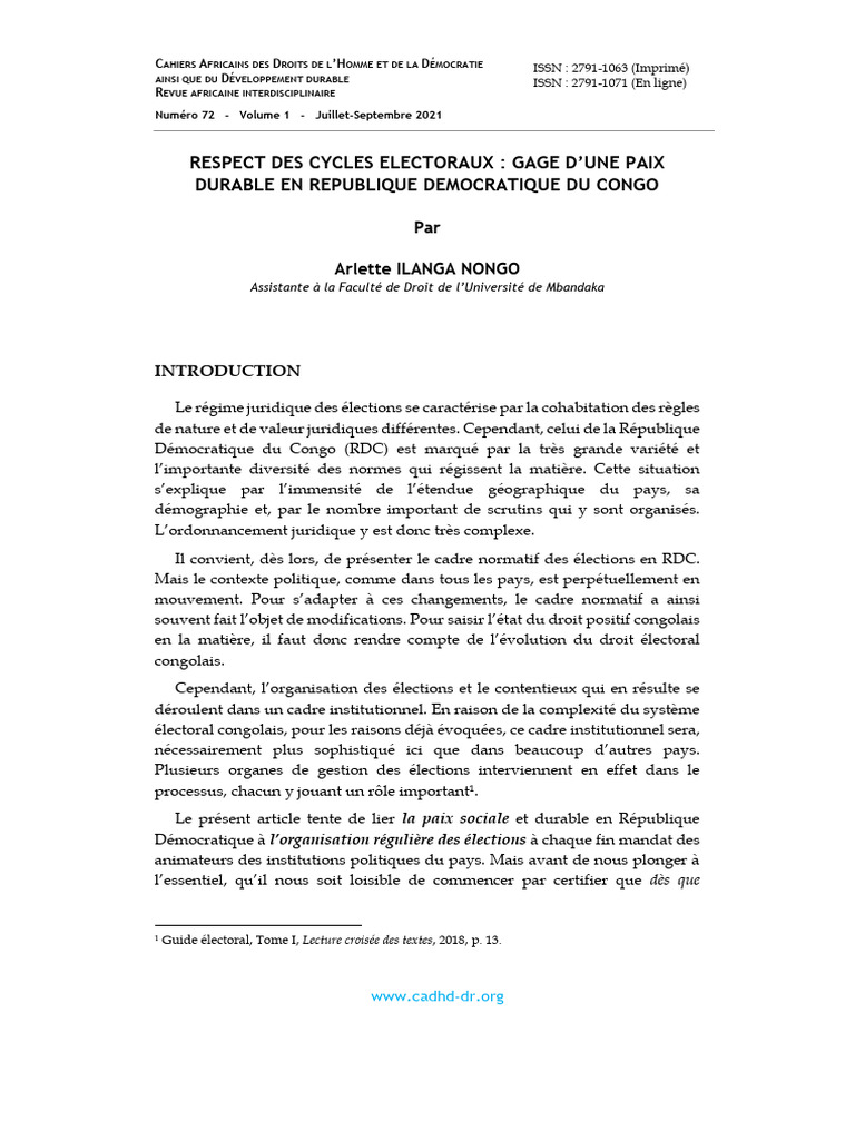 Respect Des Cycles Electoraux - Gage D'une Paix Durable en RDC | PDF