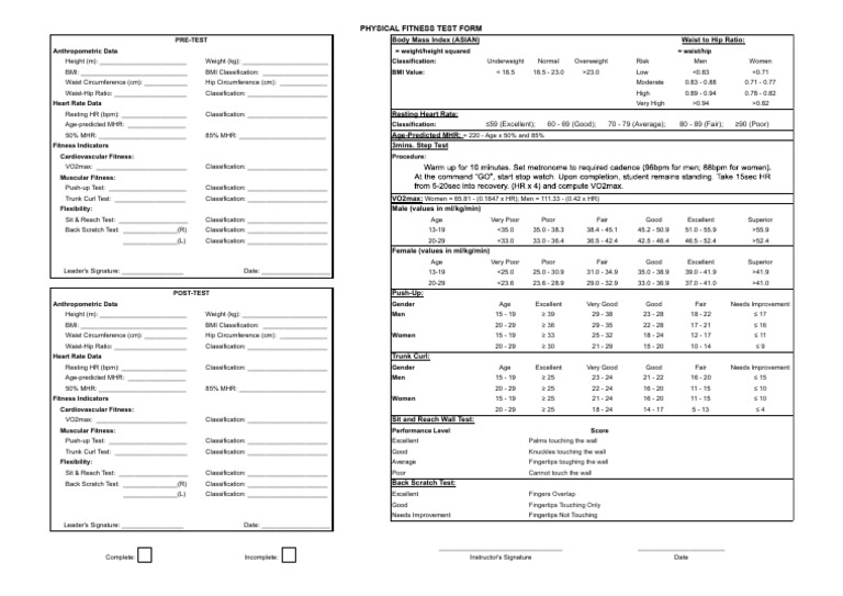 FIT HW 7833 Physical Fitness Test Form | PDF