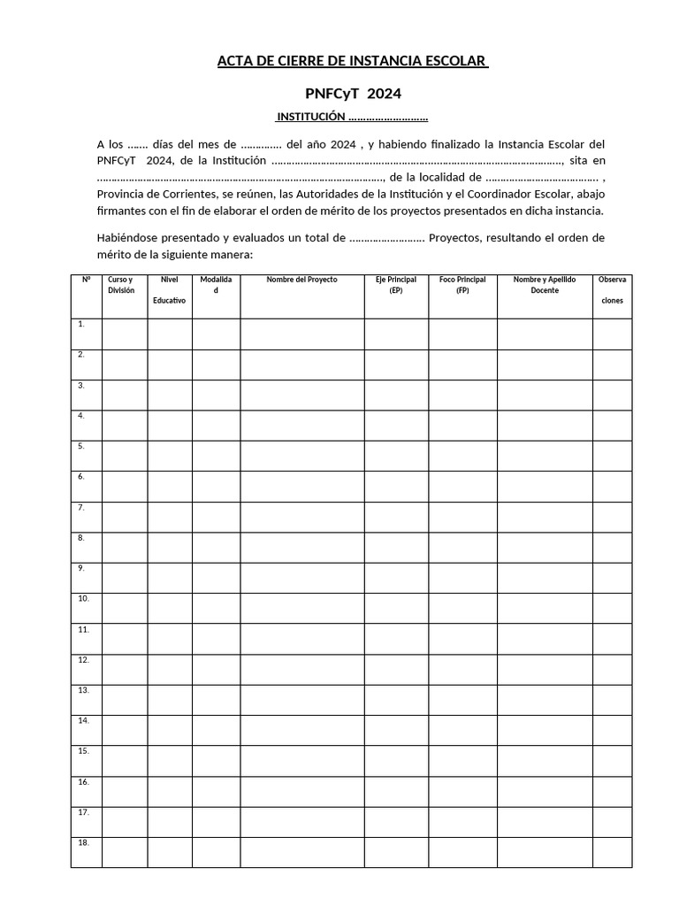 Acta de Cierre 2023 - Ejemplo | PDF