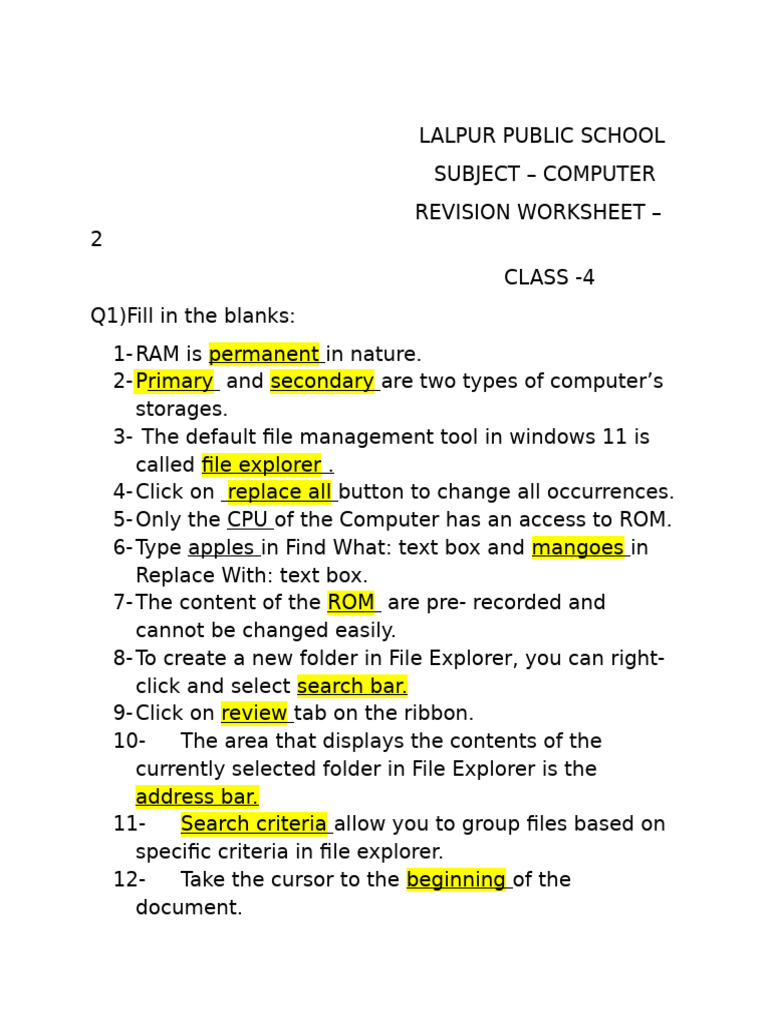 RW-2 of Comp - Class 4th | PDF | Computer Data Storage | Computer Science