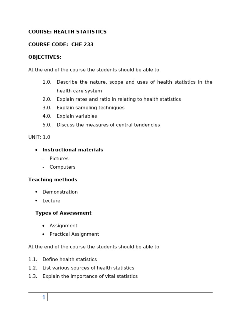 Overview of Health Statistics Course | PDF | Sampling (Statistics) | Mean