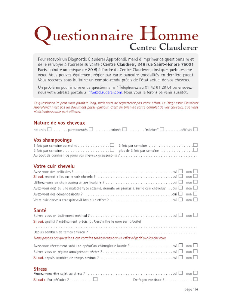 02 Question. Fem. WEB - Questionnaire - Perte - Cheveux - Homme | PDF