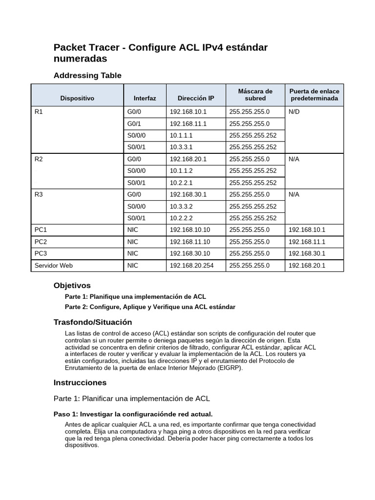 Packet Tracer - Configure ACL IPv4 Estándar Numeradas | PDF