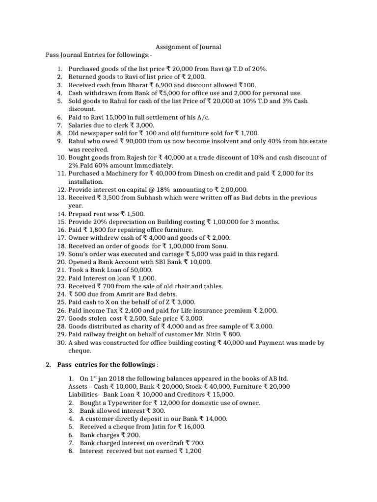 Journal Entries Assignment Overview | PDF | Banks | Finance & Money ...