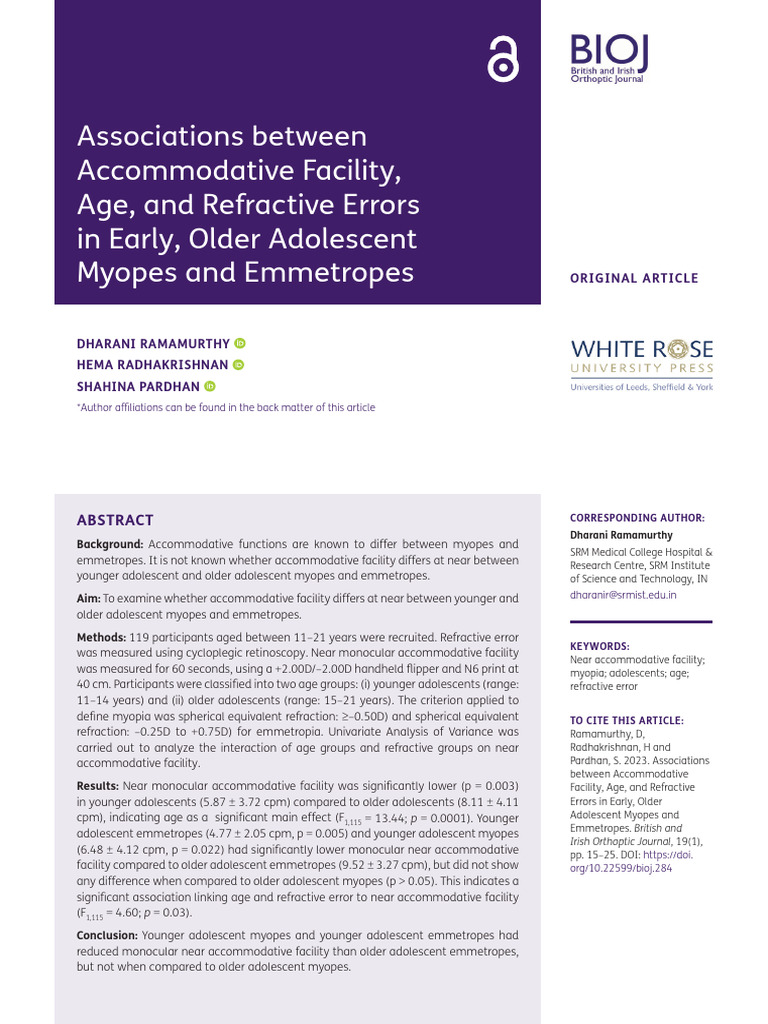 Accommodative Facility in Adolescents | PDF | Myopia | Senses