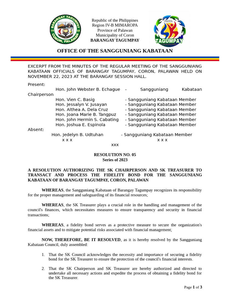 SK Resolution for Fidelity Bond Approval | PDF