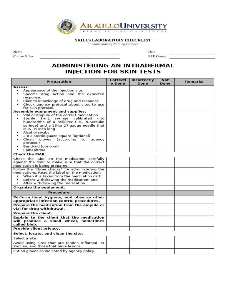 Administering An Intradermal Injection For Skin Tests | PDF