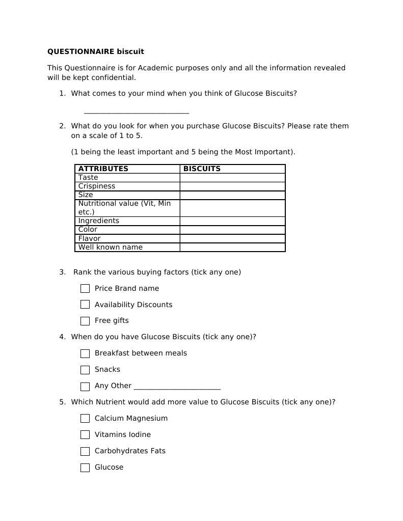 Glucose Biscuits Consumer Survey Questionnaire | PDF