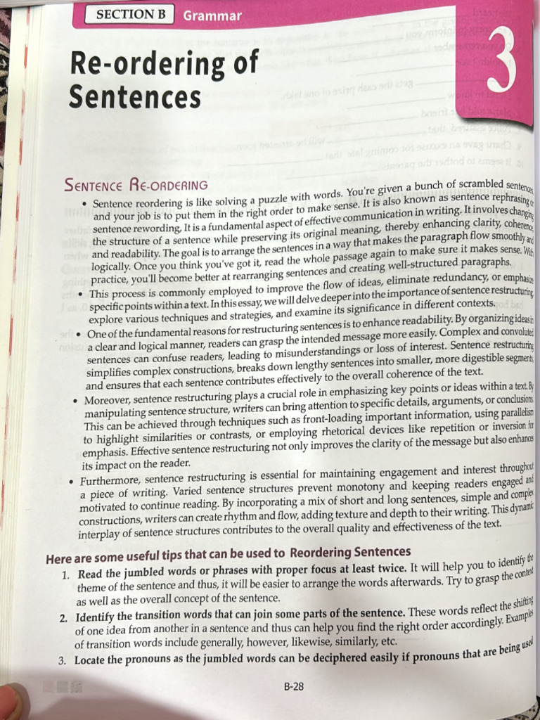 Re-Ordering of Sentences Class-XI | PDF