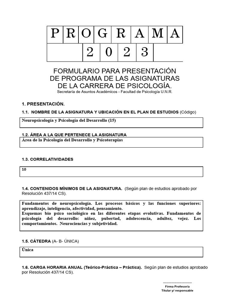 Programa 2023 - Neuropsicología y Psicología Del Desarrollo | PDF