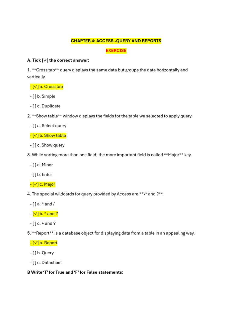 CHAPTER 4 MS ACCESS - , Query and Report Exercise | PDF