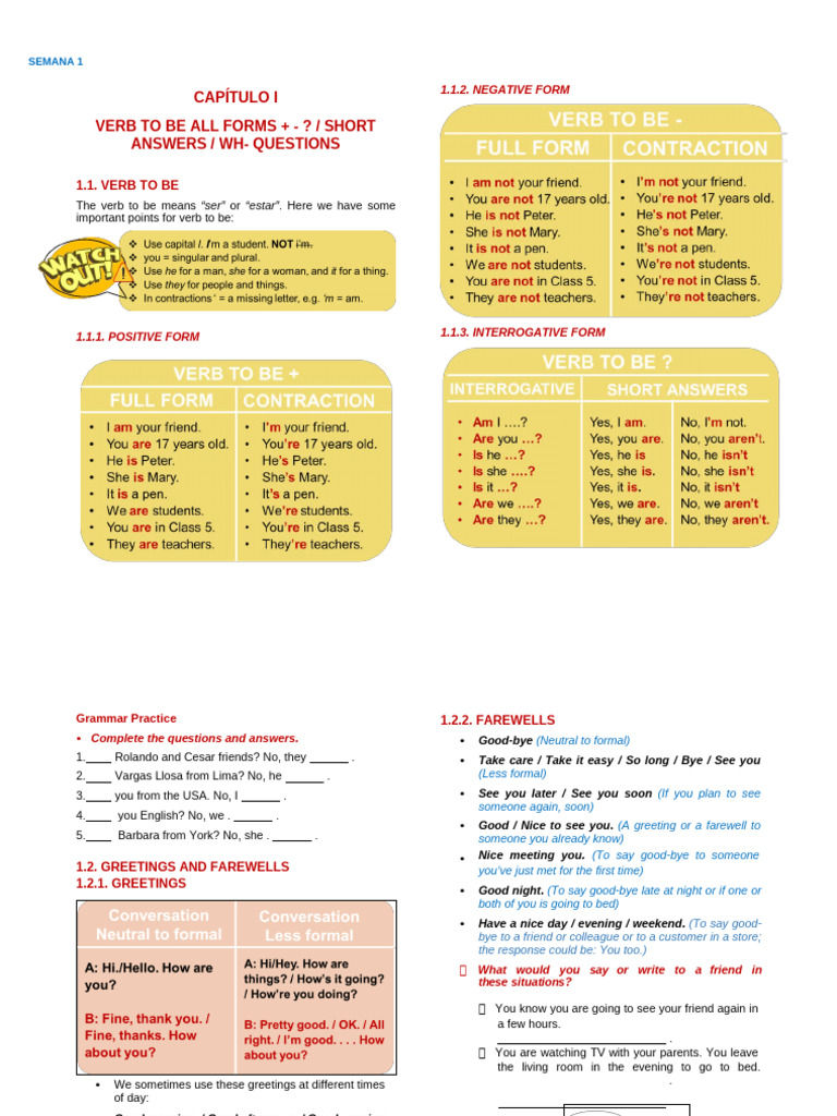 Capítulo I Verb To Be All Forms + - ? / Short Answers / Wh-Questions | PDF