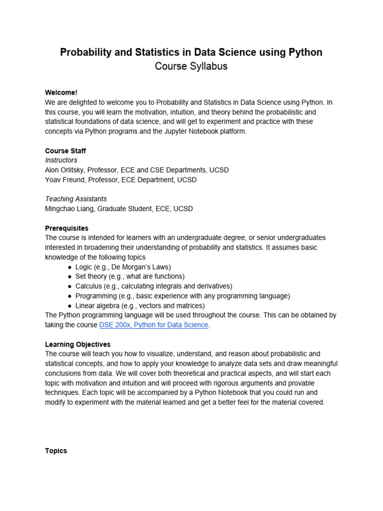 Probability and Statistics in Data Science Using Python Syllabus | PDF