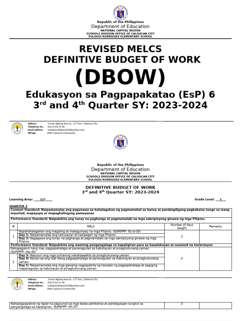 EsP 6 Revised DBOW: SY 2023-2024 | PDF | Philippines | Career & Growth