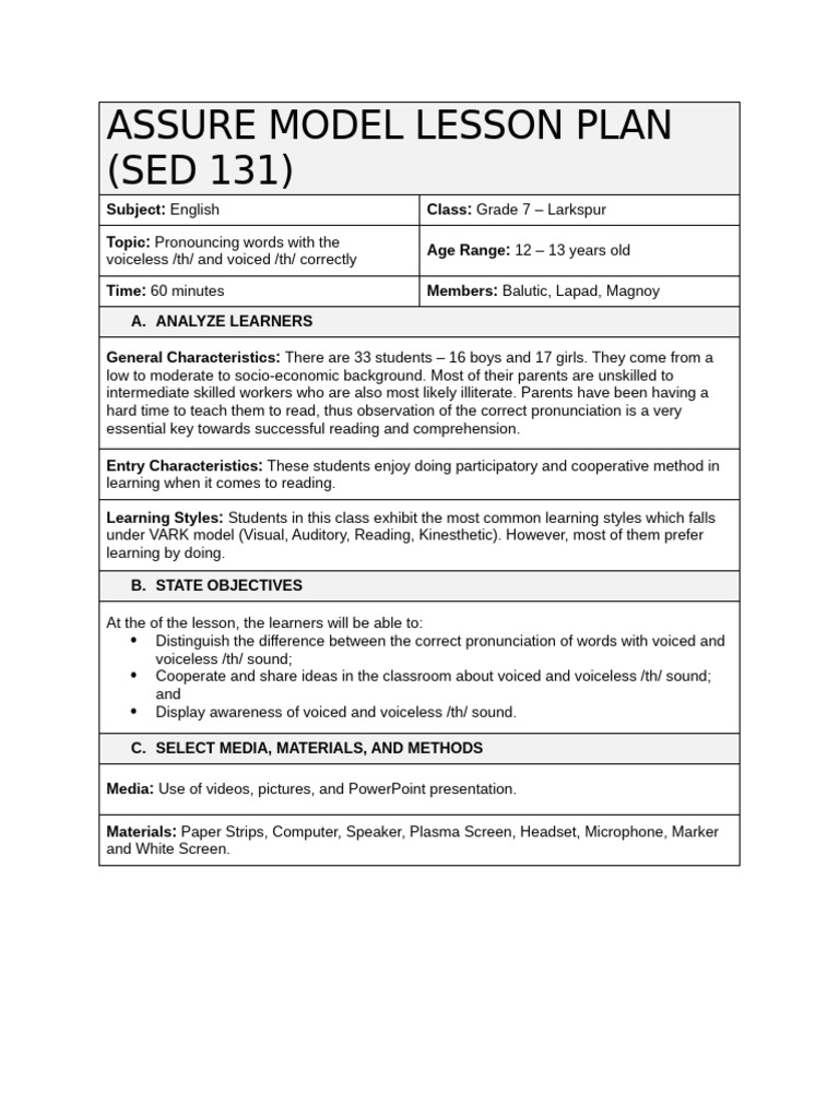 Assure Model Lesson Plan | PDF | Learning Styles | Learning