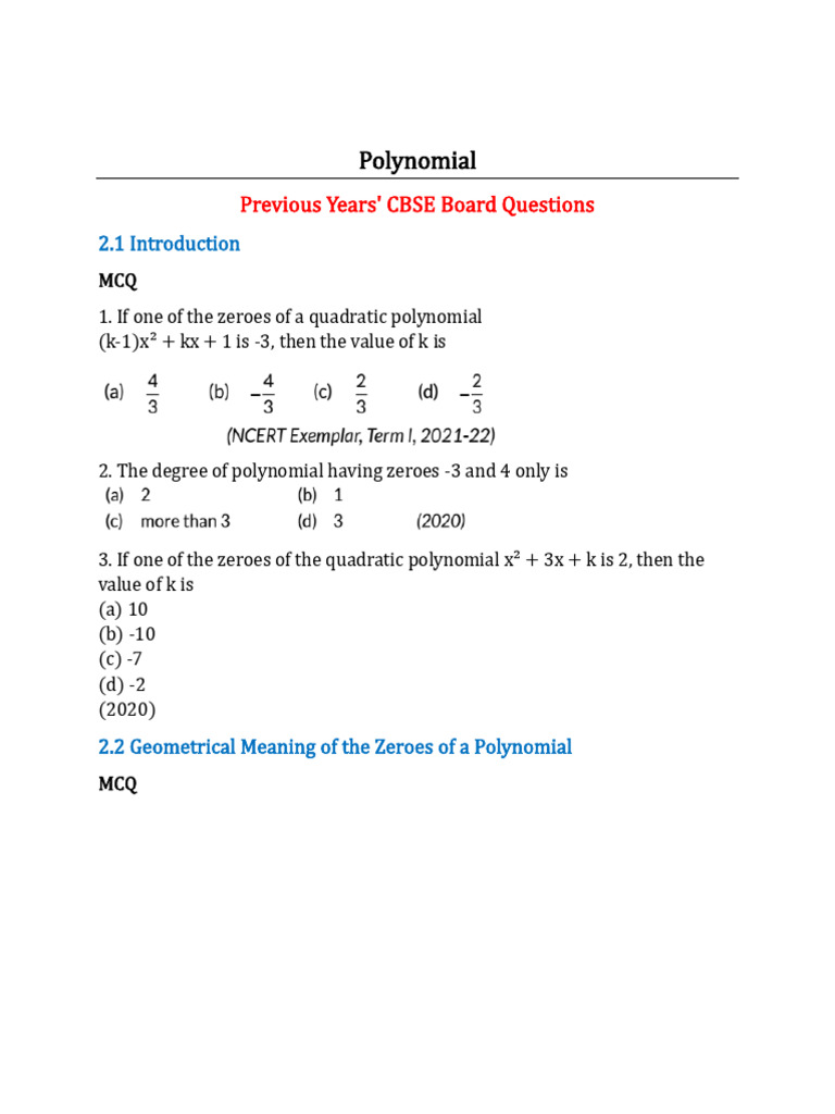 Polynomial: Previous Years' CBSE Board Questions | PDF