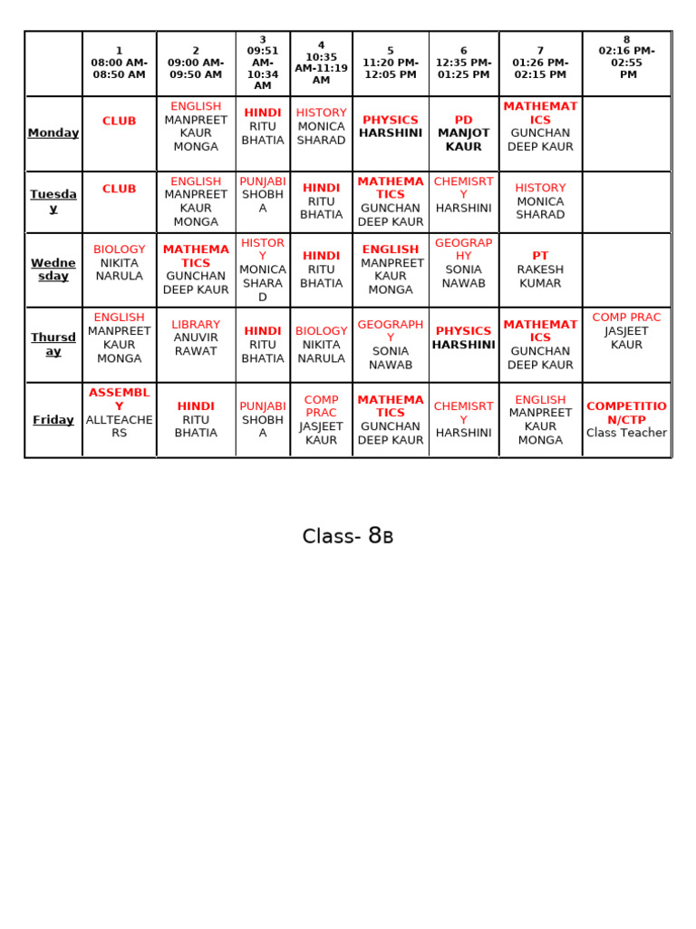 Time Table Class 8
