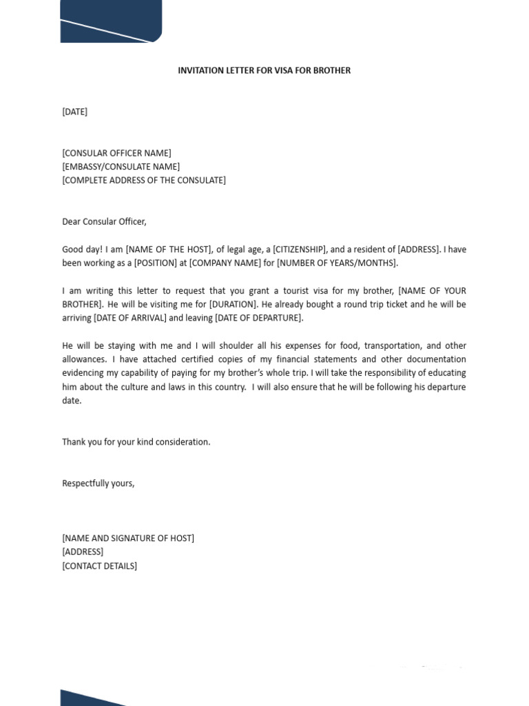 Invitation Letter For Visa For Brother Template | PDF
