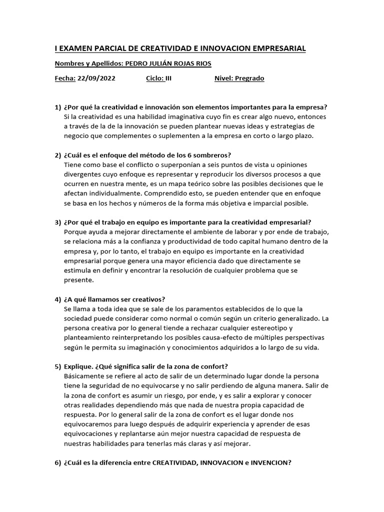 I EXAMEN PARCIAL DE CREATIVIDAD E INNOVACION EMPRESARIAL Pedro Julían ...