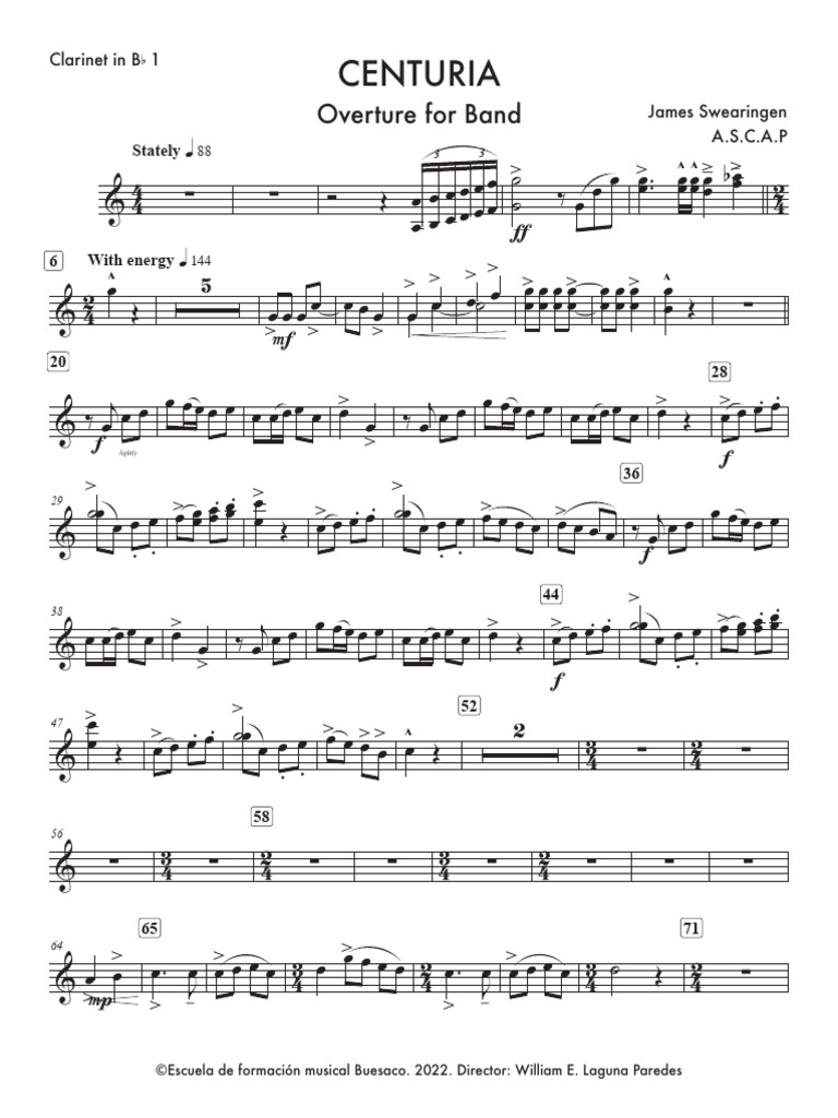 吹奏楽スコア CENTURIA センチュリア James Swearingen CENTURIA James Swearingen - Clarinet in BB 1 | PDF