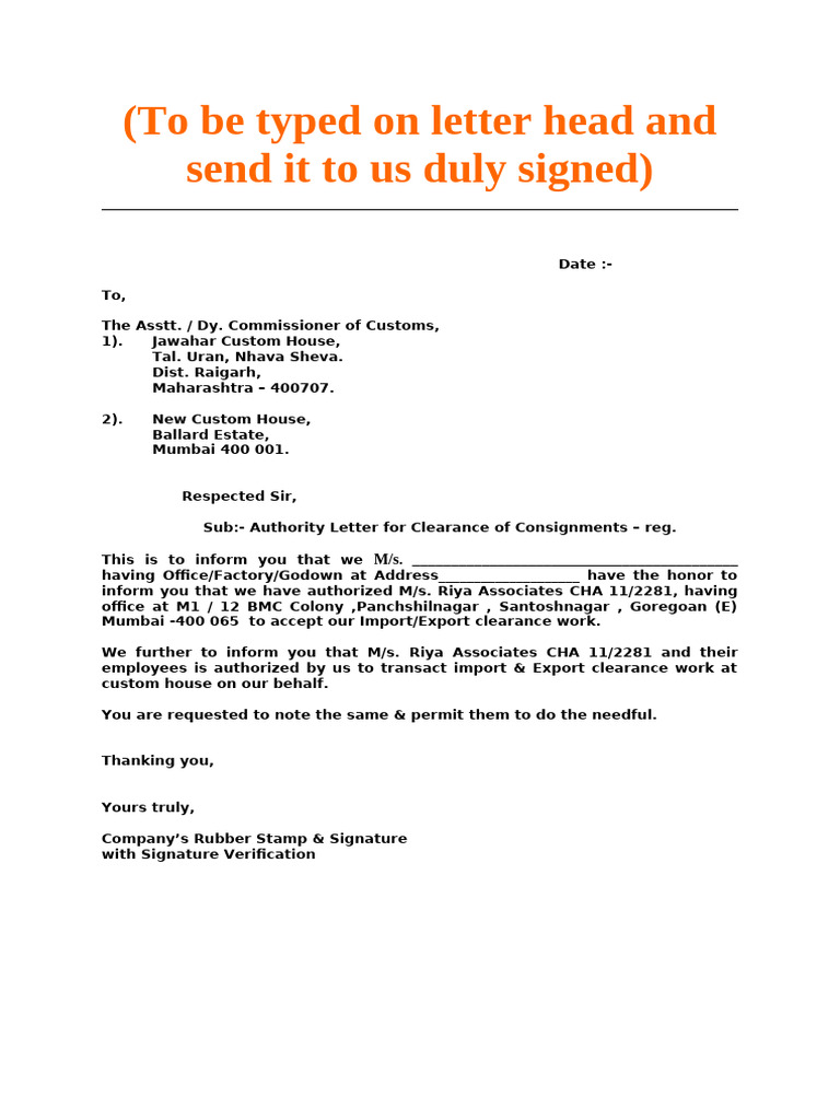 Authority Letter for Customs Clearance | PDF | Finance & Money Management