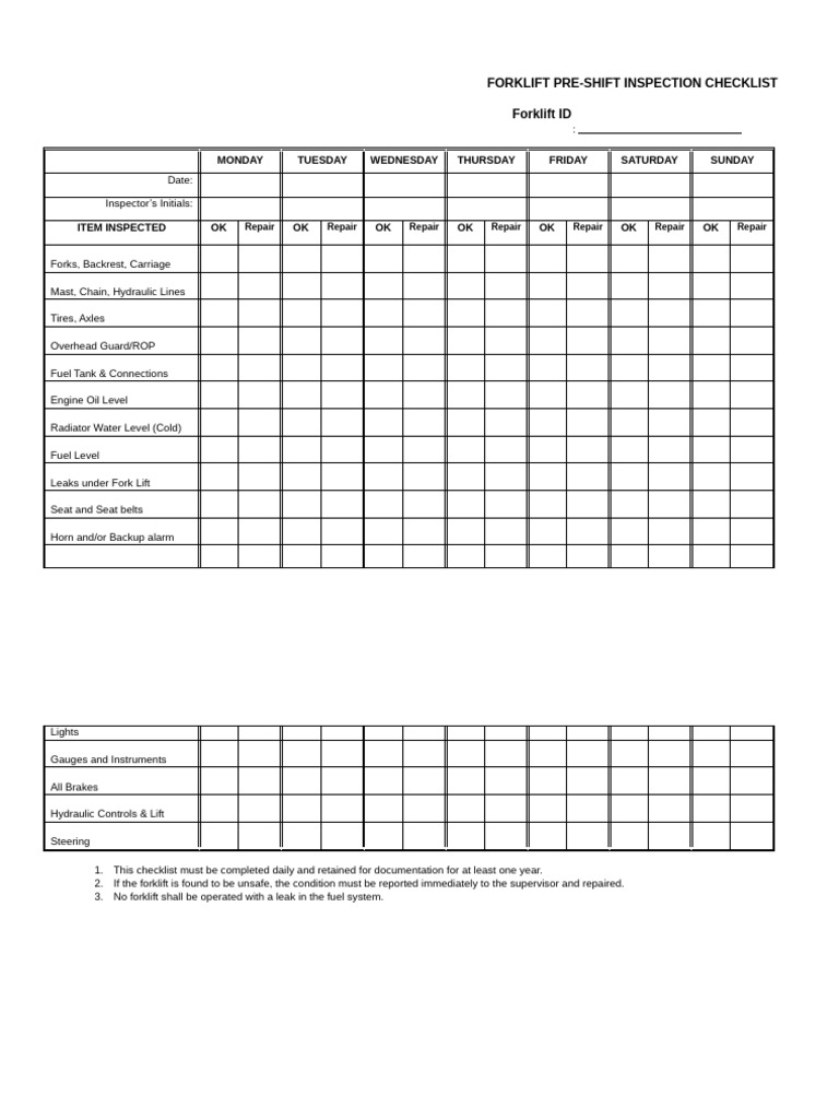 Daily Forklift Pre-Shift Checklist | PDF