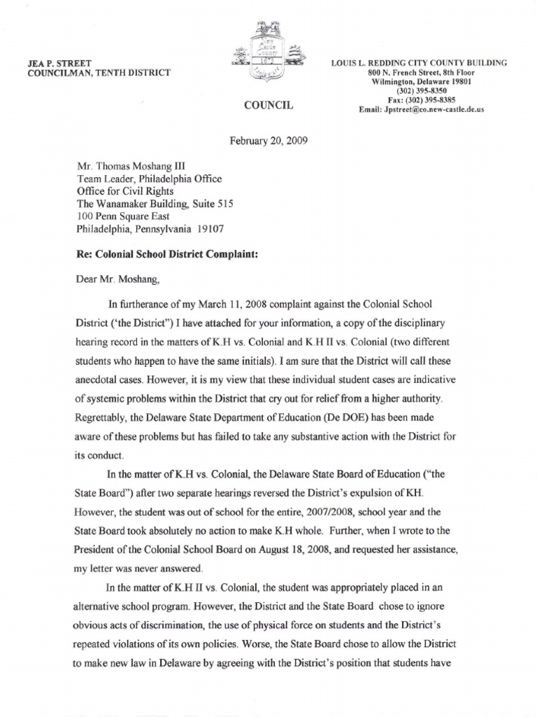 Letter To Office of Civil Rights About Colonial School District | PDF