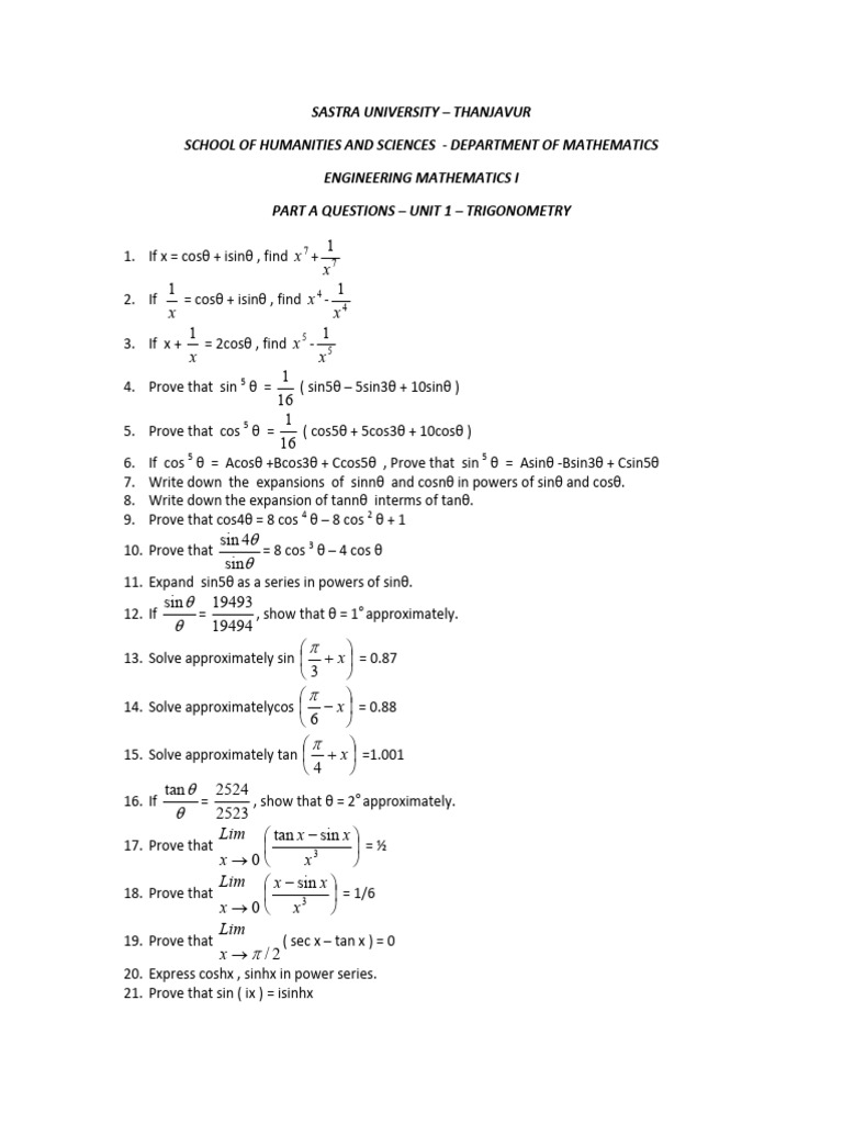 Part A Questions Trigonometry Pdf