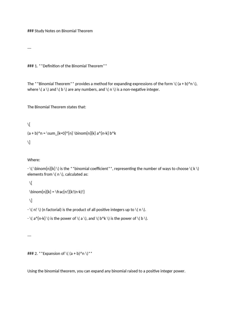 Study Notes On Binomial Theorem | PDF