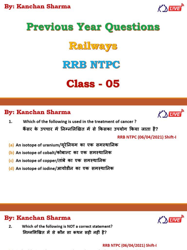 RRB NTPC Class 05 Previous Year Questions | PDF | Stomach | Chemistry