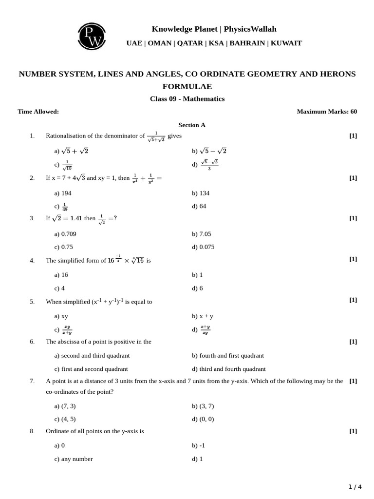 Class 9 Math: Number System & Geometry | PDF | Triangle | Cartesian ...