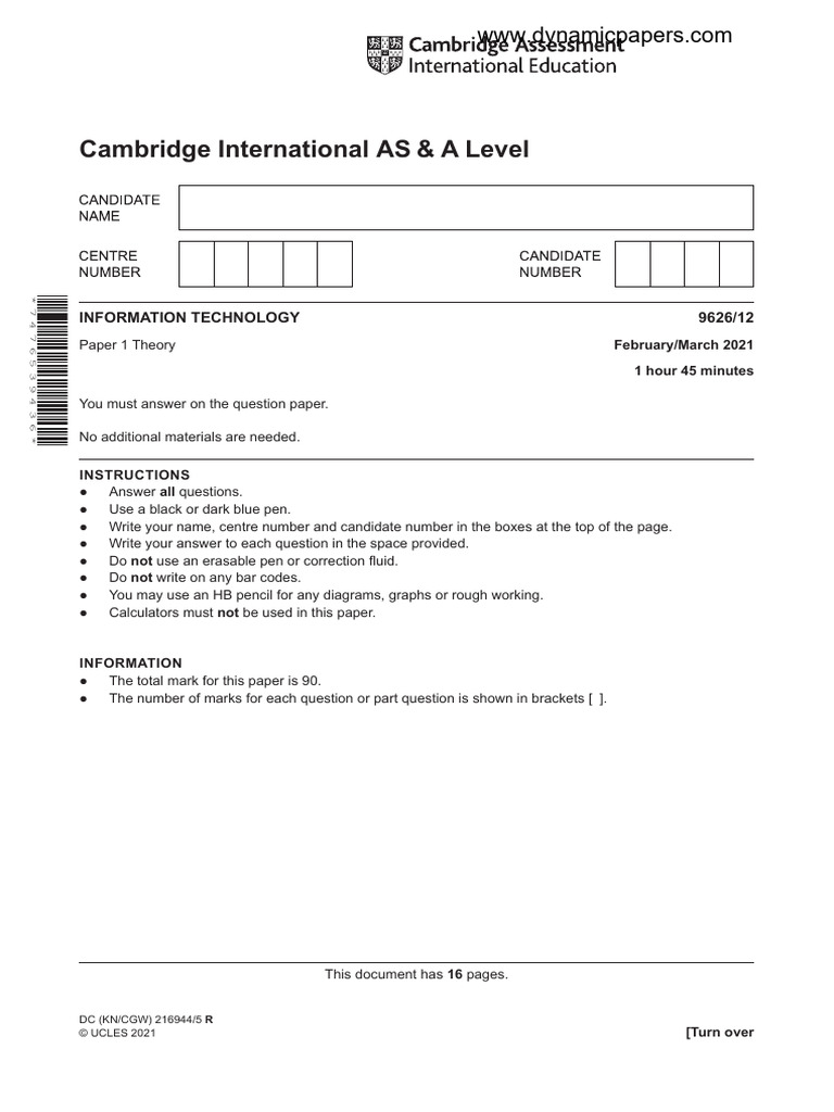 Cambridge International AS & A Level: Information Technology 9626/12 | PDF
