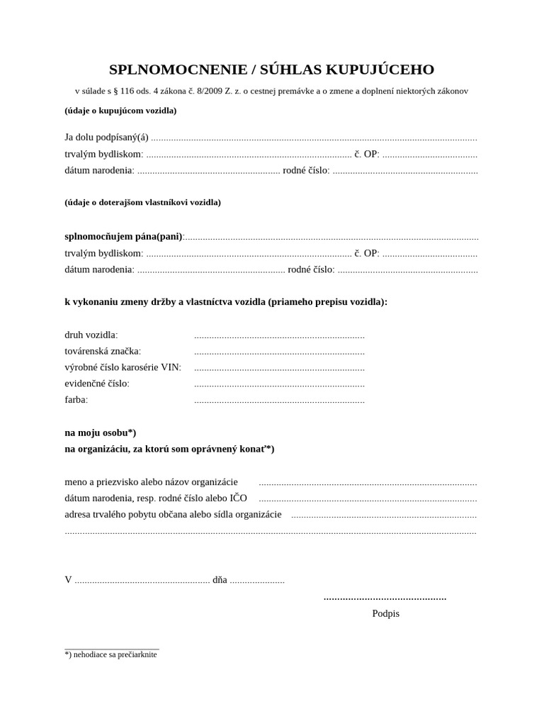 Splnomocnenie Suhlas Na Odhlasenie Vozidla Na Kupujuceho | PDF