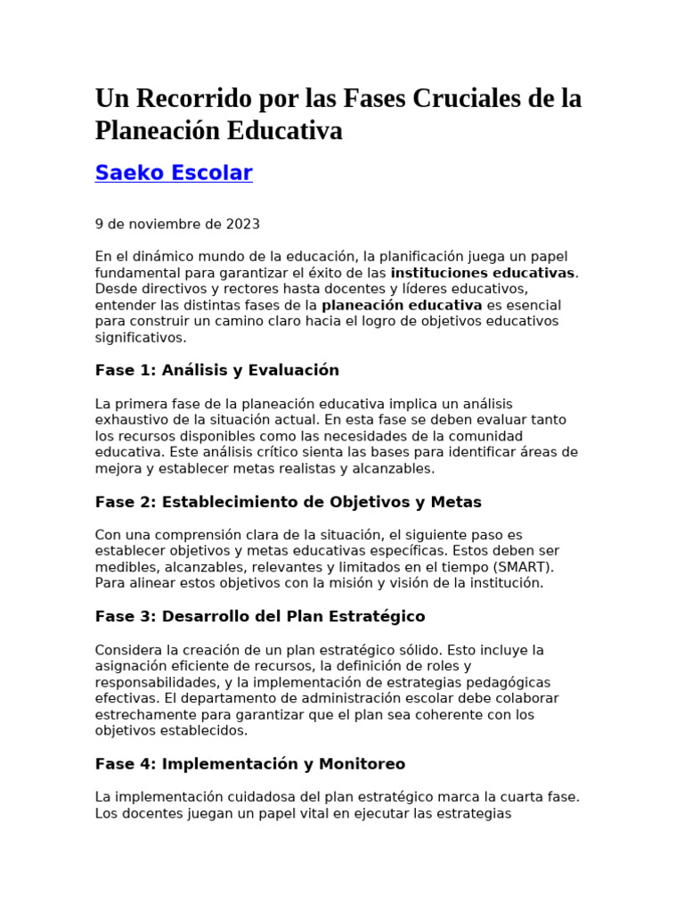 Fases Clave de la Planeación Educativa | PDF | Crecimiento personal y ...