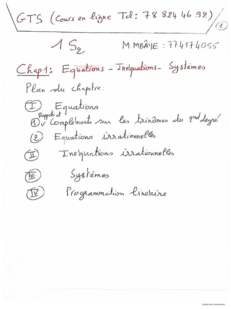 1s2 Cours équations Inéquations Systèmes Pdf