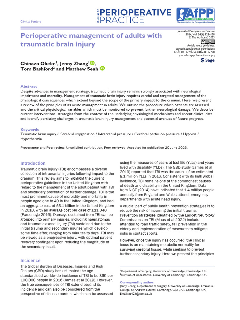 Perioperative Management of Adults With Traumatic Brain Injury | PDF ...