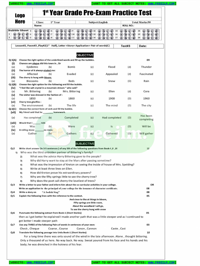 11th English Test Paper 3 | PDF