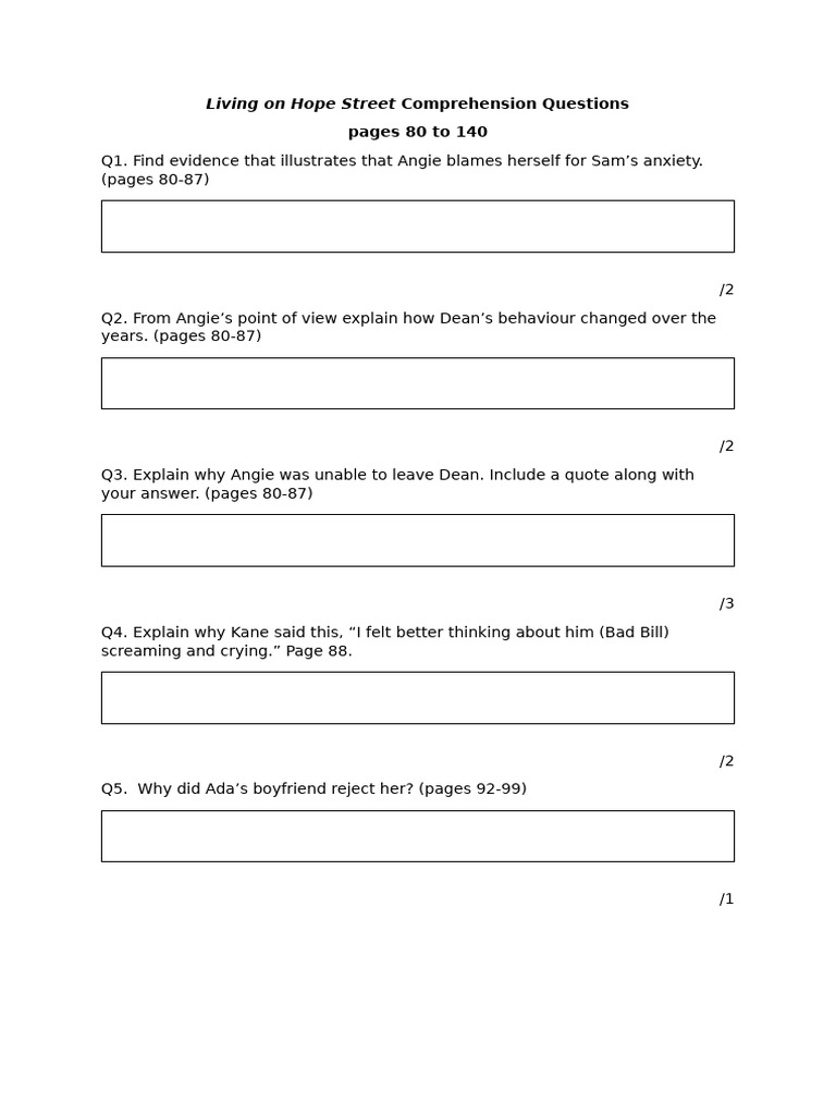 Living on Hope Street: Comprehension Questions | PDF