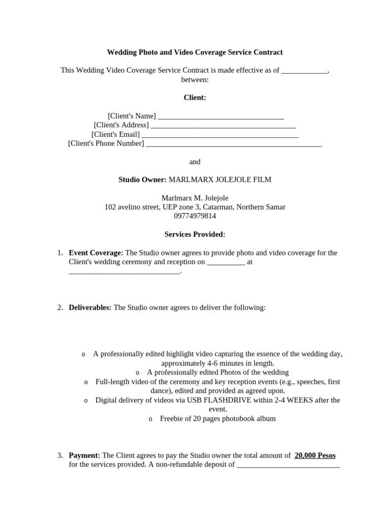 Wedding Video Coverage Service Contract | PDF