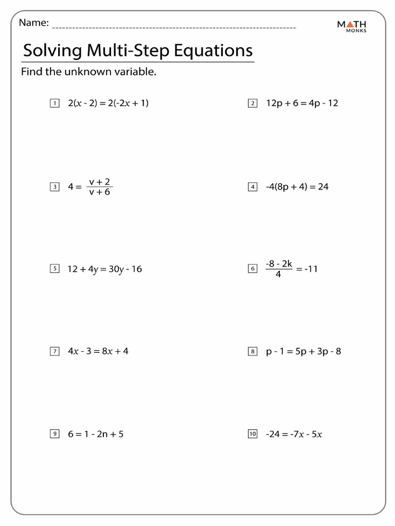 Solving Multi Step Equations Worksheet | PDF