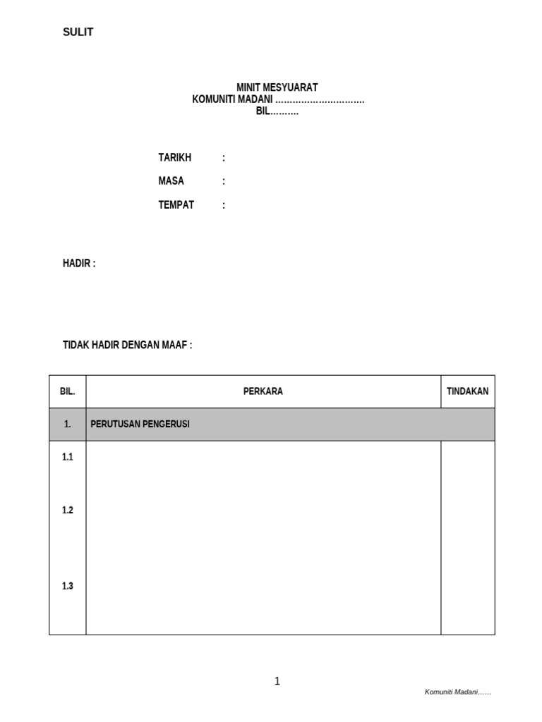Format Atau Contoh Minit Mesyuarat Untuk Komuniti Madani | PDF