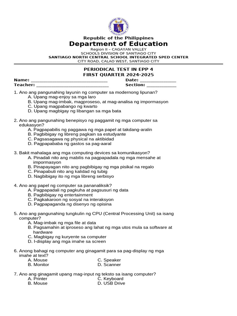 Q1 PT - Epp 4 Matatag | PDF