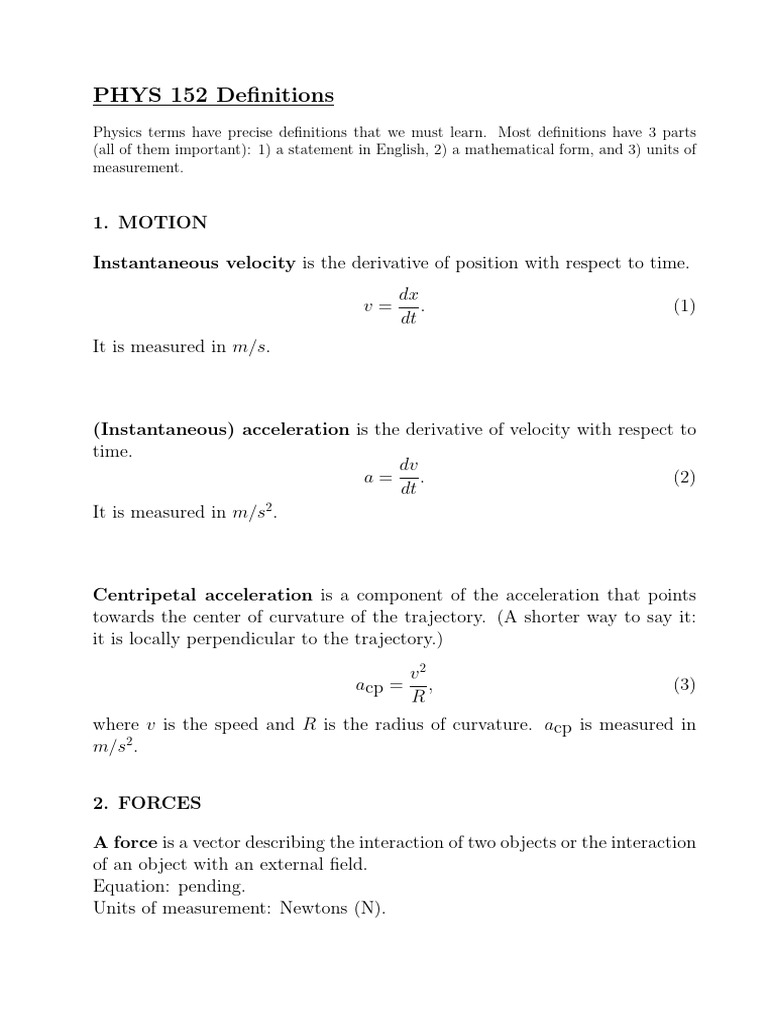 Phys 152 Definitions Sp24 | PDF