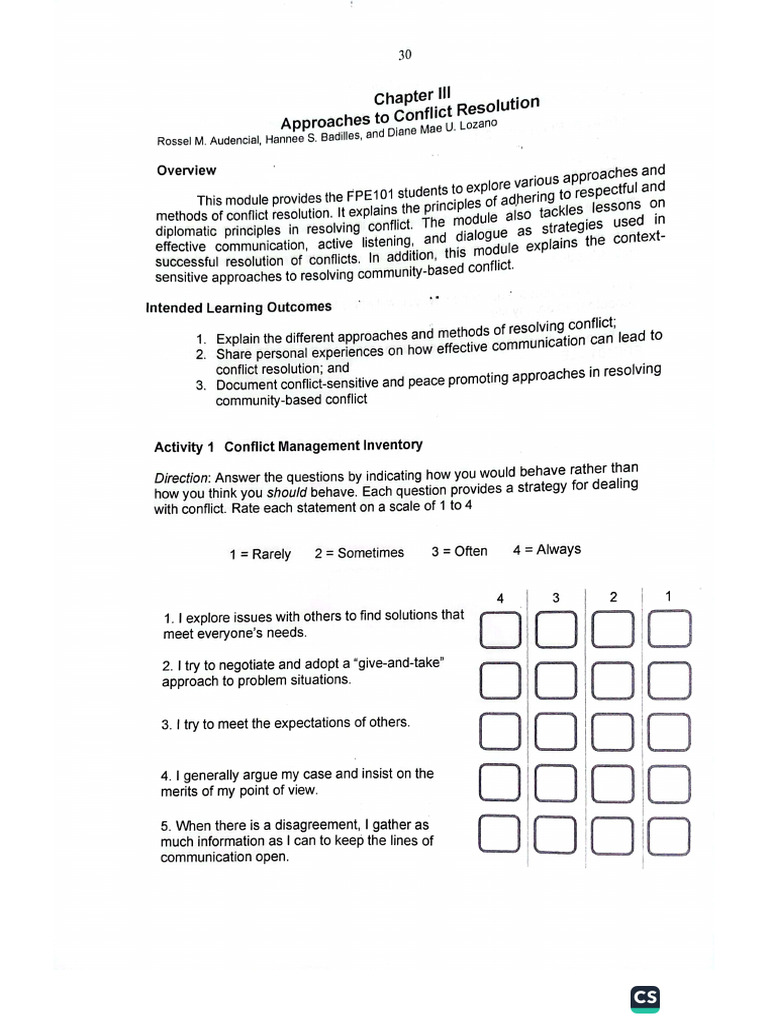 FPE101 Chapter 3 - Approaches To Conflict Resolution | PDF