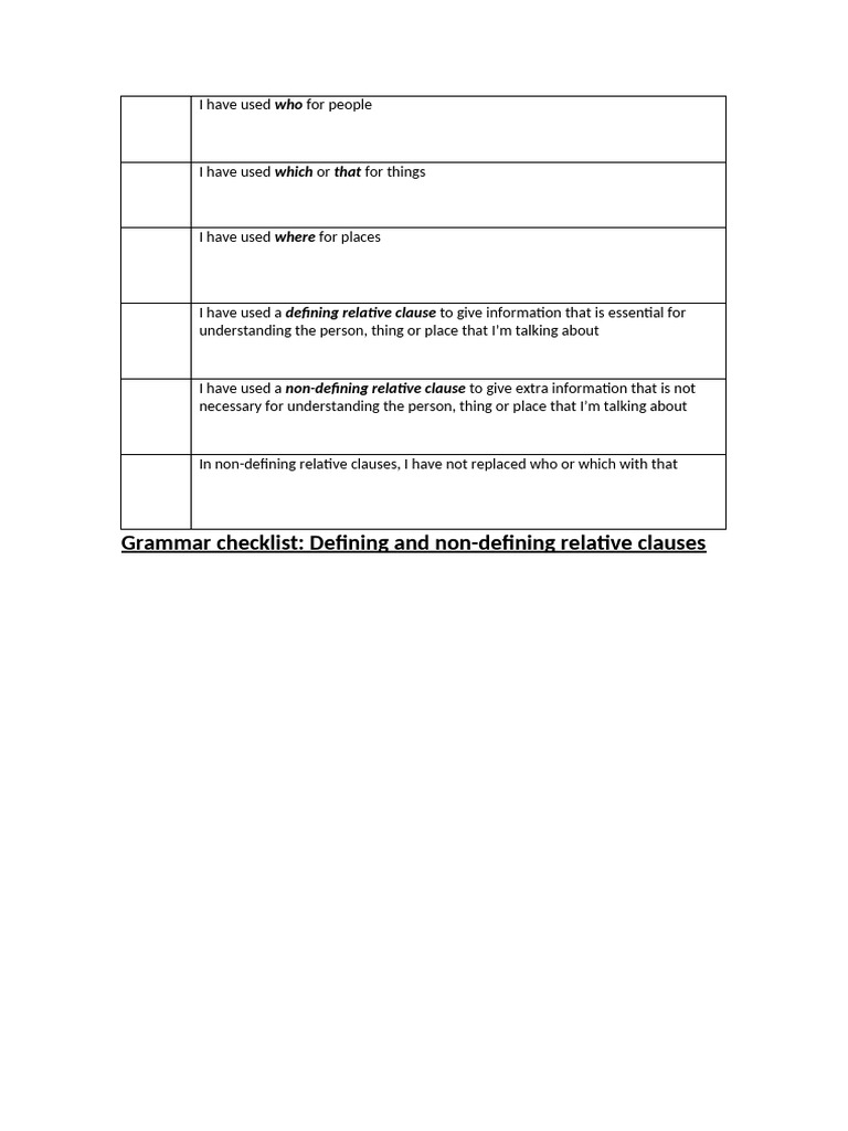 Grammar Checklist - Defining and Non-Defining Relative Clauses | PDF
