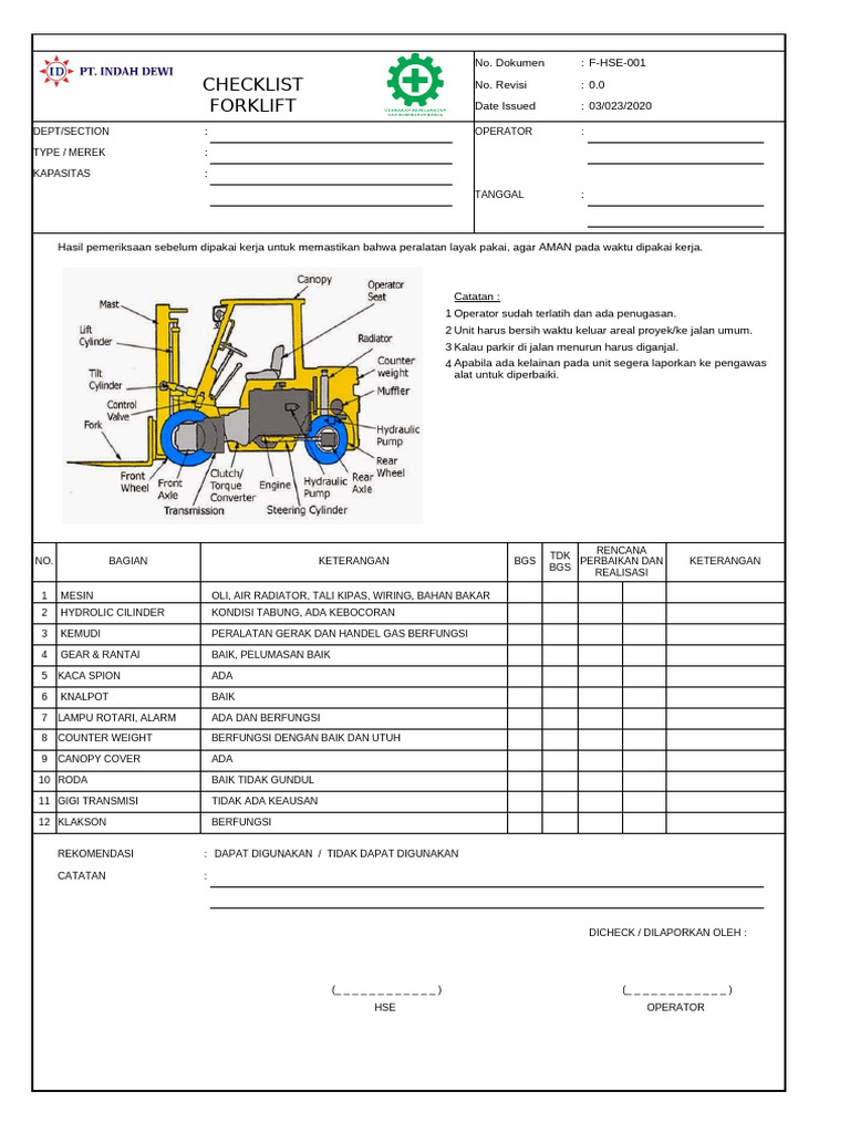 Form Checklist Inspeksi Forklift | PDF